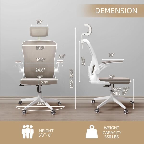 Ergonomic Office Chair, High Back Mesh Computer Desk Chair with Flip-up Arms, Adjustable Lumbar Support & Headrest, Swivel Rolling Task Chair for Home Office, Bedroom, Study, College Dorm khaki - Image 2