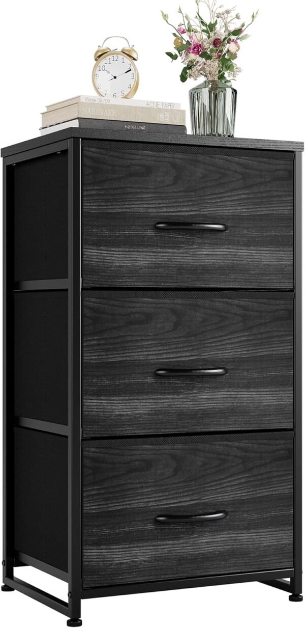 Nicehill Nightstand, Dresser with 3 Drawers, Bedside Table Chest of Drawers, Small Dresser for Bedroom, Kids' Room, Closet, Kids Dresser with Wooden Top Steel Frame, Modern, Black Wood Grain
