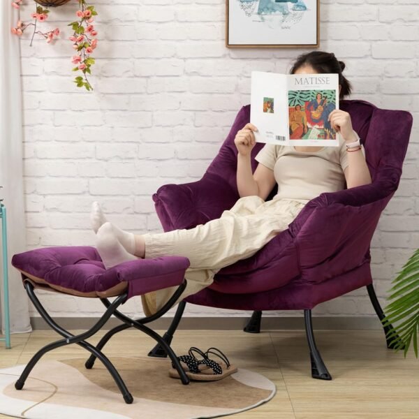 AcozyHom Modern Fabric Lazy Chair and Folding Footrest Stool Set, Accent Contemporary Lounge Chair and Portable Ottoman, Steel Frame Leisure Sofa Chair and Metal Cotton Footstool, Deep Purple - Image 2