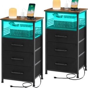 Night Stand Set 2 with Charging Station, Nightstands Set of 2 with 20 Colors LED Light Strip 3 Drawers, Side Tables Bedroom End Table with USB ports and Outlets for Living Room (Rustic Brown)