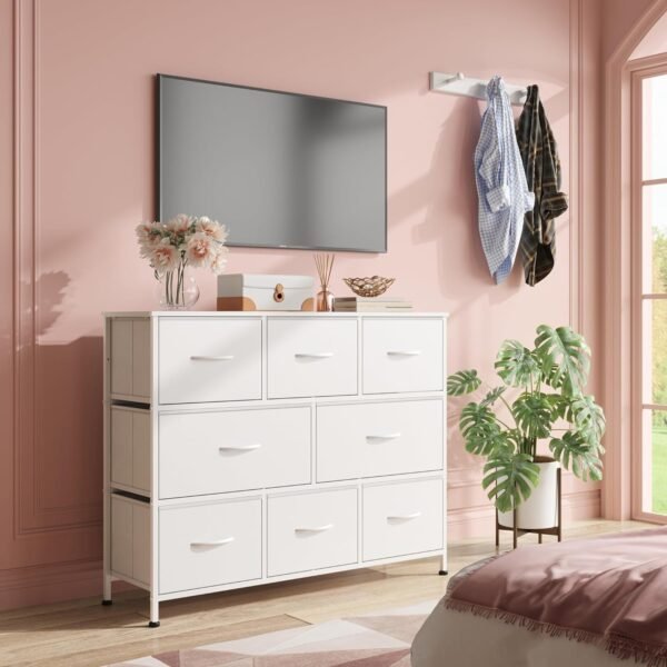 WLIVE Fabric Dresser, Storage Drawer Unit, Bedroom Dresser TV Stand for 32 40 43 inch TV, Wide Dresser with 8 Large Deep Drawers for Office, College Dorm, White - Image 2