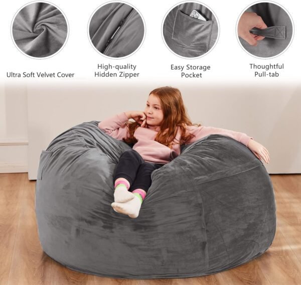 Homguava Bean Bag Chair: 3' Bean Bags with Memory Foam Filled, Large Beanbag Chairs Soft Sofa with Dutch Velet Cover-36×36"×24"(Grey) - Image 5