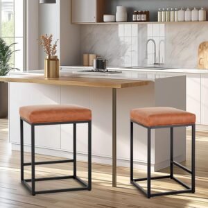 Brown Counter Height Bar Stools Set of 2 for Kitchen Counter 24 Inch Backless Modern Barstools Industrial Upholstered Faux Leather Stools Farmhouse Island Chairs,Support 330 LBS, Brown