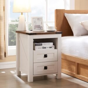 T4TREAM Nightstand with Charging Station, End Table, Side Table with 2 Drawers Storage Cabinet for Bedroom, Living Room, Farmhouse Design, Wood Rustic, Antique White