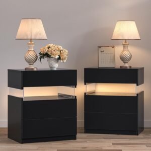 Nightstands Set of 2 LED Tall Nightstand Set of 2 Modern LED Bedside Tables Set of 2 with 3 Drawers for Bedroom Living Room