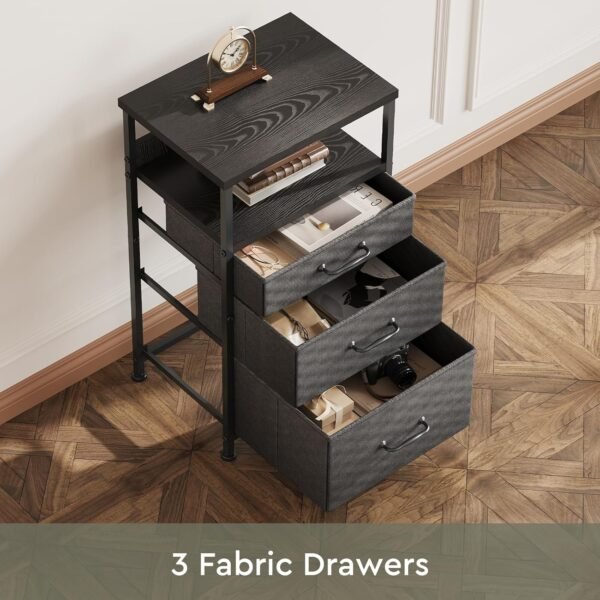 Nightstand, Bedside Table with 3 Fabric Drawers, Side Table with Open Shelf, End Table with Steel Frame,3 Drawer Dresser for Bedroom, Entryway, College Dorm, Easy Assembly,Black - Image 4