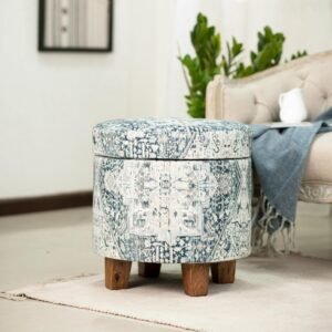 Ethnic Print 100% Cotton Upholstered Cotton Round Storage Ottoman Stool with Solid Wood Legs, Blue
