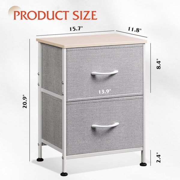WLIVE Night Stand, Gray Nightstand with 2 Fabric Drawers, Small Dresser for Bedroom, Closet, College Dorm, End Table Side Furniture, Wood Top, Light Grey - Image 3