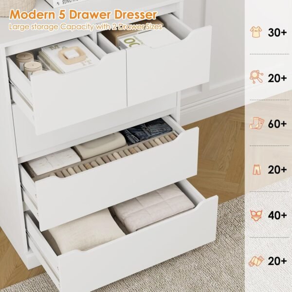 HOSTACK Modern 5 Drawer Dresser for Bedroom, Chest of Drawers with Storage, Wood Storage Chest Organizers with Cut-Out Handles, Accent Storage Cabinet for Living Room, Entryway, Hallway, White - Image 7