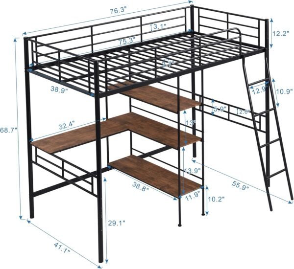 Metal Loft Bed with Desk Twin Loft Bed Frame with Storage Shelves and Hanging Rod, Heavy-duty Loft Beds for Kids Boys Girls Teens Dorm Bedroom, Black - Image 2