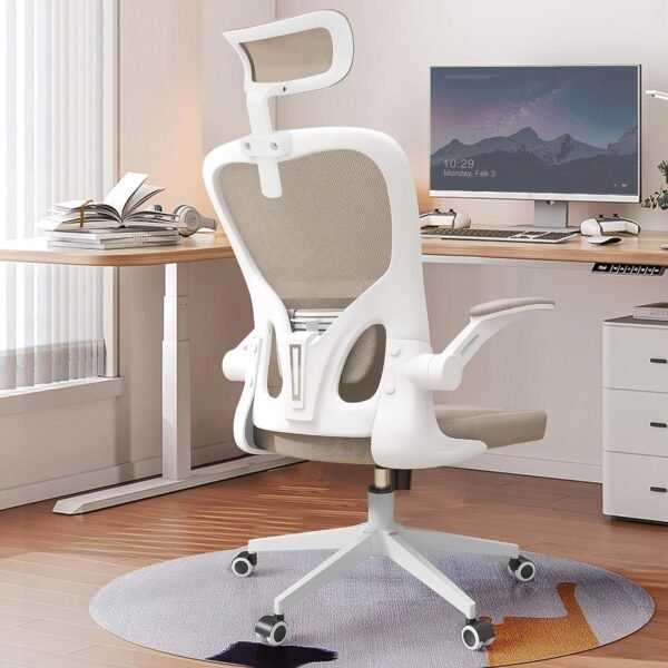 Ergonomic Office Chair, High Back Mesh Computer Desk Chair with Flip-up Arms, Adjustable Lumbar Support & Headrest, Swivel Rolling Task Chair for Home Office, Bedroom, Study, College Dorm khaki