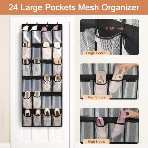 FENTEC 24 Large Pockets Over Door Shoe Organizer, Mesh Hanging Shoe Organizer Shoe Rack for Closet Mesh Closet Shoe Holder, Over Door Organizer for Cruise Ships, Shoe Organizer for Wall, Black, 1 Pack - Image 2