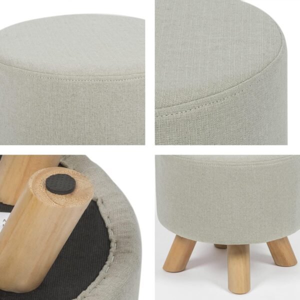 Asense Small Round Ottoman Foot Rest Stool Fabric Padded Seat Footstool Ottoman with Non-Skid Wooden Legs (Beige Grey,Fabric) - Image 4