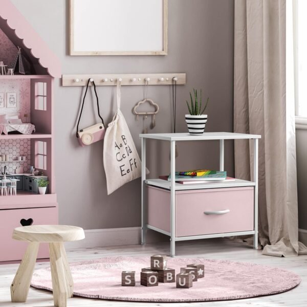 Sorbus 1 Drawer Shelf Storage Nightstand - Kids Bedside Furniture End Table Night Stand with Steel Frame Wood Top & Easy Pull Fabric Bins. Dresser & Chest for Home Bedroom Accessories Office & College - Image 6