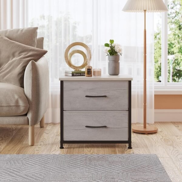 LUMTOK Greige Nightstand with Drawer, 2 Drawers Dresser for Bedroom, Small Night Stand and Dressers Sets with 2 Fabric Drawers, End Table with Drawer for Living Room, College Dorm (1PCS) - Image 6