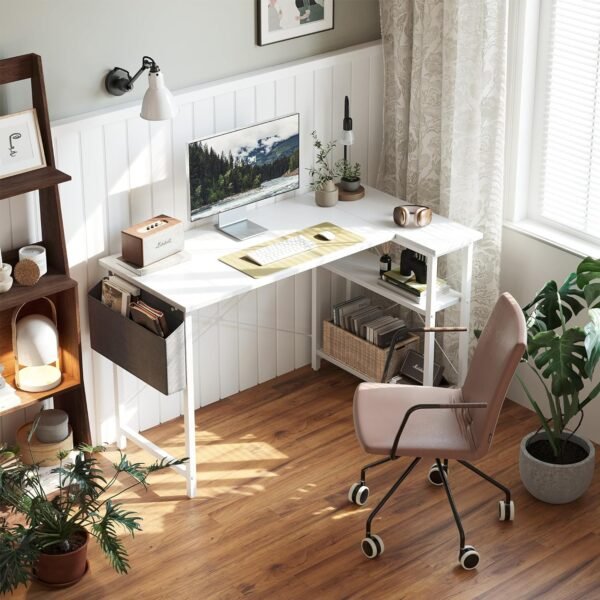 CubiCubi L Shaped Desk, 40" Computer Desk with Reversible Storage Shelves Home Office Corner Desk Study Writing Gaming Table, White - Image 2