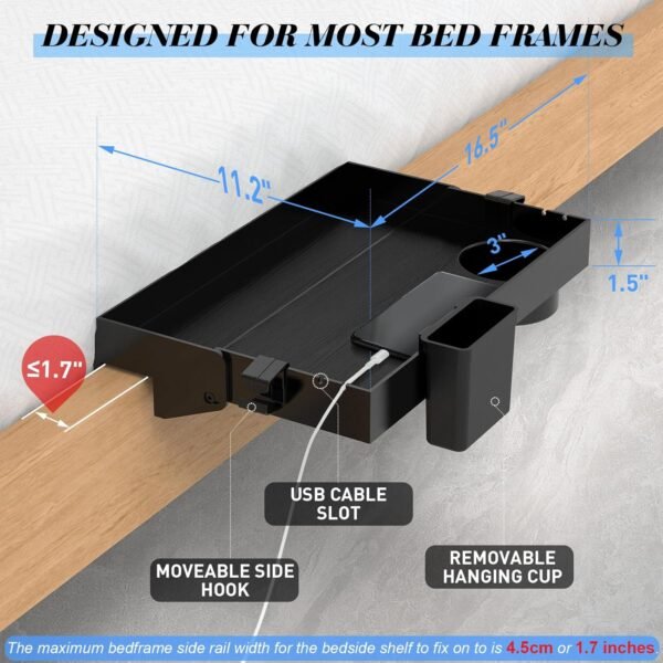 Ronlap Folding Bedside Shelf, Bunk Bed Shelf Organizer for Top Bunk Clip On Nightstand for Loft Bed Plastic Bedside Shelf Tray for Kids with Cupholder Hooks Hanging Cup, Plus Size, Black - Image 4