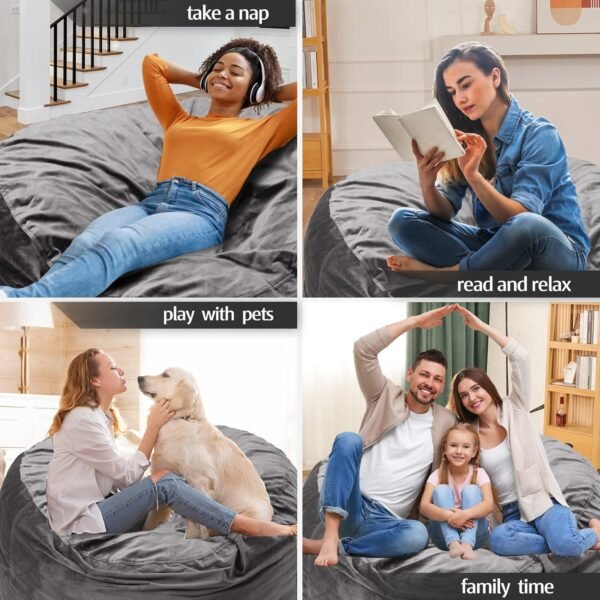Homguava Bean Bag Chair: 3' Bean Bags with Memory Foam Filled, Large Beanbag Chairs Soft Sofa with Dutch Velet Cover-36×36"×24"(Grey) - Image 6