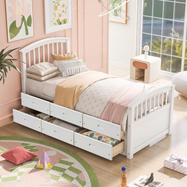 SOFTSEA Twin Storage Bed with 6 Drawers, Captain Bed for Kids Teens, Platform Bed with Headboard for Bedroom, Solid Wood Bed Frame, White - Image 3