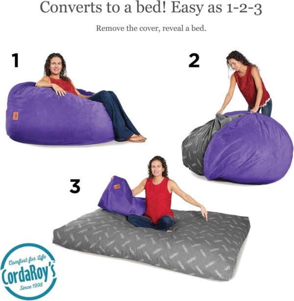 CordaRoy's Chenille Bean Bag - Convertible Bean Bag Chair & Bed - Machine-Washable Chenille Fabric Cover - for Basement, Living Room, Game Room, Dorm & More - Queen Size - Very Peri Purple - Image 4