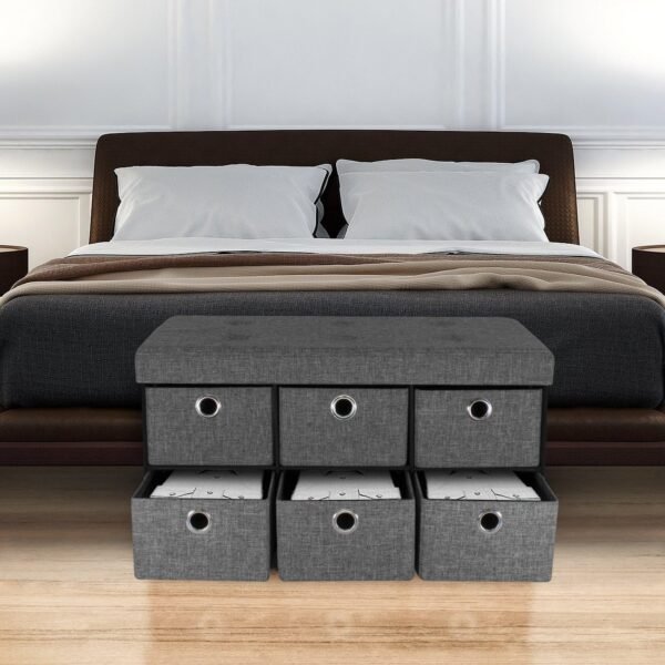 Sorbus Storage Bench Chest with Drawers – Collapsible Folding Bench Ottoman includes Cover – Perfect for Entryway, Bedroom Bench, Cubby Drawer Footstool, Hope Chest, Faux Linen (Gray) - Image 2