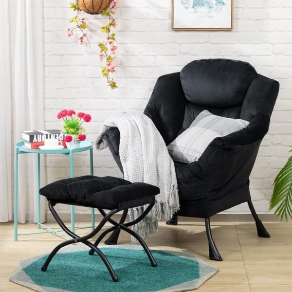 AcozyHom Modern Fabric Large Lazy Chair, Accent Oversized Comfy Reading Chair, Thick Padded Cozy Lounge Chair with Armrest, Steel Frame Leisure Sofa Chair for Living Room, Bedroom, Dorm, Black - Image 2