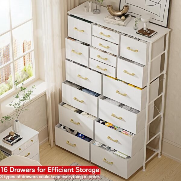 Dresser for Bedroom with 16 Drawers, Tall Dresser Organizer for Closet, Entry, Living Room, Nursery, Dorm, Chest of Drawers with Fabric Bins, Leather Front, Metal Handle, Glacier White - Image 4