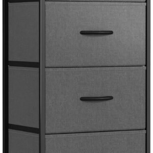 Cubiker Dresser Storage Tower, 4 Drawers Fabric Organizer Unit for Bedroom Hallway Entryway Closets, 16″ Small Dresser Clothes Storage with Sturdy Steel Frame Wood Top, Dark Grey