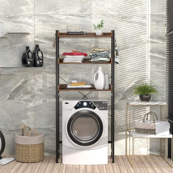 Ecoprsio Over-The-Toilet Storage Rack, 3-Tier Bathroom Organizer Shelf Over Toilet, Freestanding Space Saver Toilet Stands with 4 Hooks, Rustic Brown - Image 6