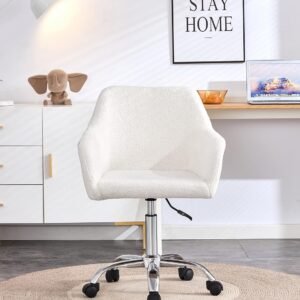 HomVent White Faux Fur Chair with Wheels, Modern Faux Fur Makeup Stool, Height Adjustable Home Office Desk Chair Plush Vanity Stool for Bedroom/Living Room