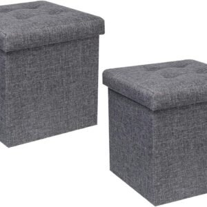 B FSOBEIIALEO Storage Ottoman Cube, Toy Chest Folding Foot Rest Seat, Linen Grey 12.6″X12.6″X12.6″ (2 Pack)