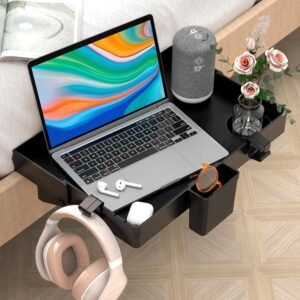 Ronlap Folding Bedside Shelf, Bunk Bed Shelf Organizer for Top Bunk Clip On Nightstand for Loft Bed Plastic Bedside Shelf Tray for Kids with Cupholder Hooks Hanging Cup, Plus Size, Black
