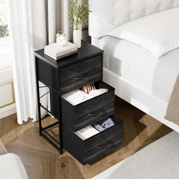 Nicehill Nightstand, Dresser with 3 Drawers, Bedside Table Chest of Drawers, Small Dresser for Bedroom, Kids' Room, Closet, Kids Dresser with Wooden Top Steel Frame, Modern, Black Wood Grain - Image 2
