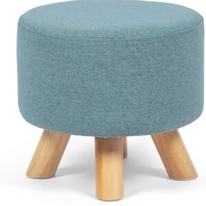 Asense Small Round Ottoman Foot Rest Stool Fabric Padded Seat Footstool Ottoman with Non-Skid Wooden Legs (Light Blue,Fabric)