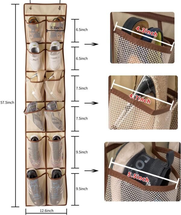 KEEPJOY Over The Door Shoe Organizer,Hanging Shoe Organizer 12 Mesh Pockets Shoe Organizer for Closet,Works Well for Men and Woman Kids Shoes Storage, 57.5×12.6inch(Beige) - Image 3