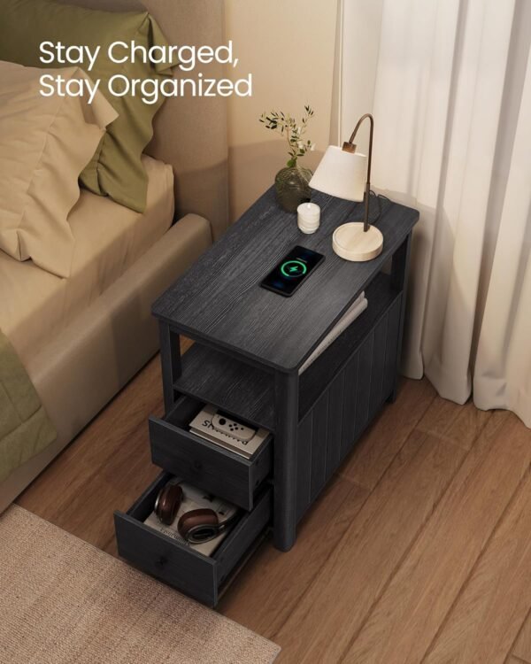 VASAGLE Side Table with Charging Station, Narrow Nightstand with 2 Drawers, Living Room End Table with Storage, for Small Spaces, Coastal Style, Charcoal Gray ULET322B22 - Image 5