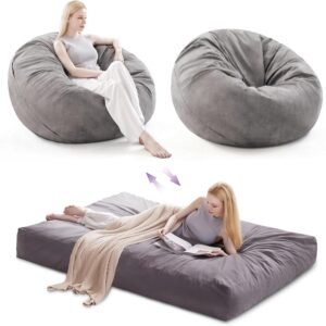 Giant Bean Bag Chair, Large Bean Bag Chairs for Adults, Convertible Bean Bag Bed, Big Beanbag Chair with Microfiber Cover, Huge Bean Bag Couch Sofa Floor Bed Mattress, Foam Filler (Grey Full)