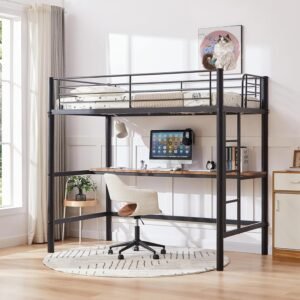VECELO Metal Loft Bed Twin Size with Desk, Heavy Duty Bedframe with Removable Ladder and Safety Guardrail, Space-Saving, Noise Free, No Box Spring Needed, Black