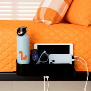 Squirrel-Bedside Perch for College Dorm Room Lofted Bed, Floating Organizer with USB-C & A Charging Ports, Small Spaces, Bed Side Caddy & Nightstand, Device & Cup Holder, Dorm Essential, Black