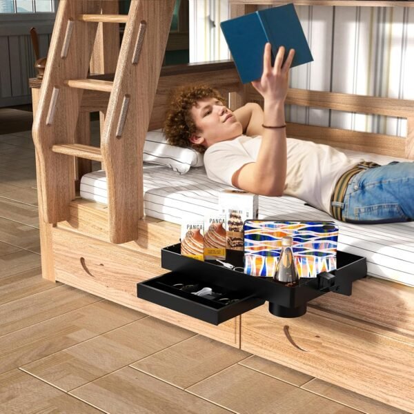 SOLEJAZZ Bedside Shelf for Bed, Foldable Bunk Bed Shelf for Top Bunk Clip On Nightstand with Drawer College Dorm Essential Table Caddy Tray Organizer Bedroom Shelf, Plus Size with Drawer, Black - Image 6