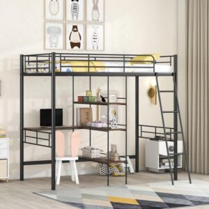 Metal Loft Bed with Desk Twin Loft Bed Frame with Storage Shelves and Hanging Rod, Heavy-duty Loft Beds for Kids Boys Girls Teens Dorm Bedroom, Black