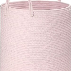 Baby Laundry Basket Hamper,Woven Cotton Rope Pink Laundry Basket Nursery Hamper Bin Storage Basket for Girls Kids Living Room Bedroom Cute Boho Tall Woven Rope baskets for Clothes Blanket Toys Large