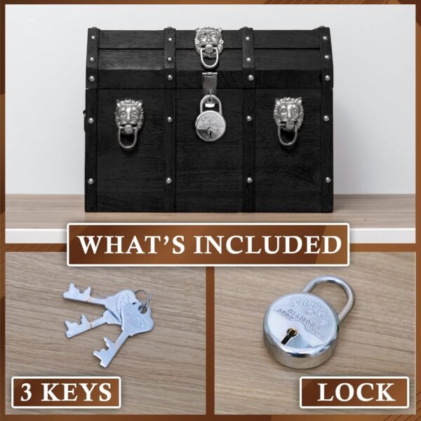 Handmade Pirate Treasure Chest with Lock and Keys - 16 x 12 Inch Vintage Wooden Storage Trunk with Hinged Lid - Antique Storage Decorative Box Made of Strong and Durable Mango Wood (Black) - Image 3