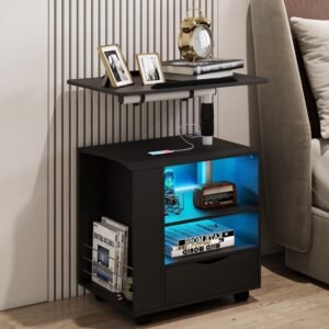 dnbss LED Nightstand with Charging Station, Modern Bedside Table with Wheels, Black Night Stand, End Side Table with 360° Laptop Tray, Storage Shelf, Drawer for Bedroom