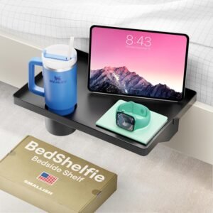 BedShelfie Bedside Shelf for Bunk Bed & Top Bunk, College Dorm Room Essentials, Clip On Nightstand, Bed Side Table Tray Organizer – Cup Holder, Black