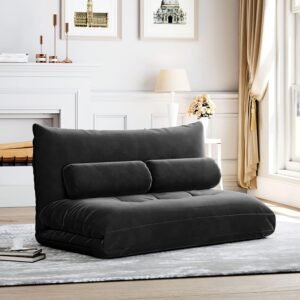 P PURLOVE Adjustable Floor Sofa Bed with 2 Pillows, Folding Lazy Sofa with 5 Reclining Position, Futon Floor Couch for Reading or Gaming in Bedroom/Living Room/Balcony, Black