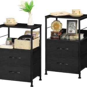 MOOACE NightStand Set of 2, Bedside Tables, 3-Tier Small End Table with Fabric Drawers and Open Wood Shelf Storage, Tall Night Stands, Industrial Decor Bedroom Furniture set, Black