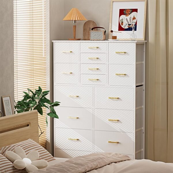 Dresser for Bedroom with 16 Drawers, Tall Dresser Organizer for Closet, Entry, Living Room, Nursery, Dorm, Chest of Drawers with Fabric Bins, Leather Front, Metal Handle, Glacier White - Image 2