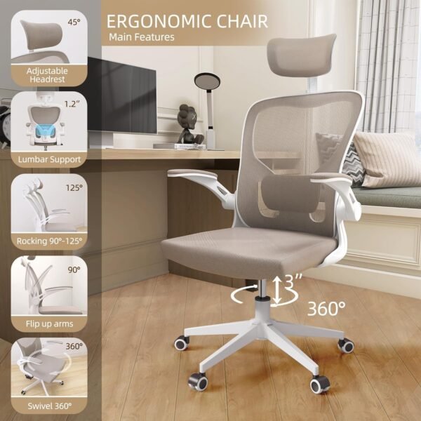 Ergonomic Office Chair, High Back Mesh Computer Desk Chair with Flip-up Arms, Adjustable Lumbar Support & Headrest, Swivel Rolling Task Chair for Home Office, Bedroom, Study, College Dorm khaki - Image 3