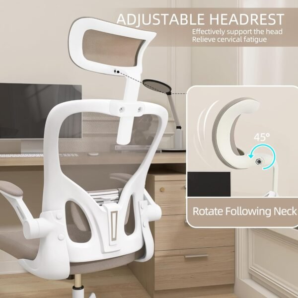 Ergonomic Office Chair, High Back Mesh Computer Desk Chair with Flip-up Arms, Adjustable Lumbar Support & Headrest, Swivel Rolling Task Chair for Home Office, Bedroom, Study, College Dorm khaki - Image 5